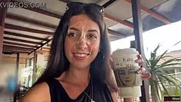 Teen babe does crazy cumwalk blowjob in public toilet drinking coffee with sperm