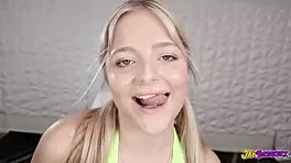 In this scene, a blonde teen 18+ delivers an amazing interracial blowjob on a huge bbc.