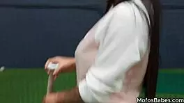 Horny big tit brunette teen 18+ eagerly sucks and fucks a huge cock during intense baseball practice session.