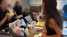 Teen babe does crazy cumwalk blowjob in public toilet drinking coffee with sperm