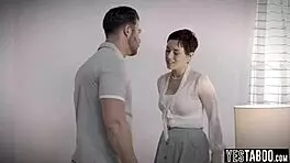 big boobs milf nurse fucks the paralysed patient's husband bent over on her bed