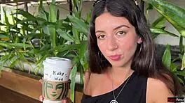 Teen babe does crazy cumwalk blowjob in public toilet drinking coffee with sperm