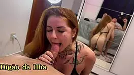 Delicious redhead blows bodybuilder cumming on dick asking for cum in mouth