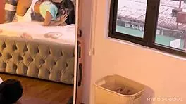 Hard Sex With Neighbor While She Talks On Phone With Cuckold Boyfriend Ripping Her Jeans And Ass