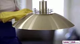 busty cleaners lick shaved pussy on bed