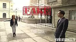 girl tricked into anal sex by fake real estate agent and friend with clothes ripped and cum on tits