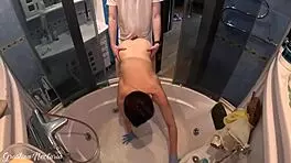 neighbor girl cleans bath while getting fucked hard