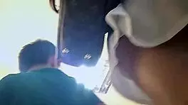 Hey, what's under that skirt? Young with purple panties teasing upskirt view, you wanna peek closer?