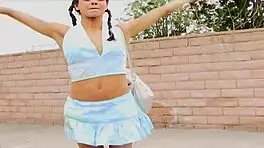 Slender teen with pigtails meets a stranger for a deep conversation