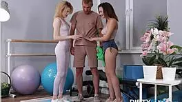 I watch Milka and Olivia's lesbian fitness session end with a bang, pussy riding and cumshot