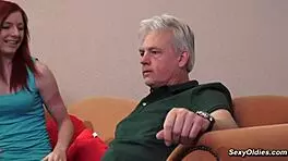 Kinky redhead rides old man with shaved pussy 😈