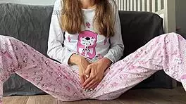 why does this skinny babe finger her shaved pussy to squirt?