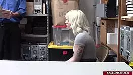 Blonde shoplifter receives office blowjob discipline.