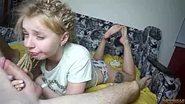 hot teen in socks sucks her boyfriend's cock and swallows cum