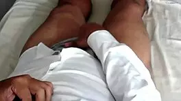 Caught friend in shower, boldly jerked off small cock in sheer red.