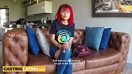 Petite Colombian teen Melissa Mocosa moans on massive cock during interview. Sofa sex follows.