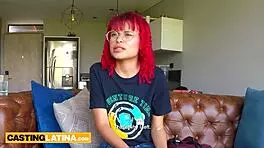 Petite Colombian teen Melissa Mocosa moans on massive cock during interview. Sofa sex follows.