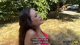 A hunter convinces a young European lady to give a blowjob outdoors, cheating on her husband right away