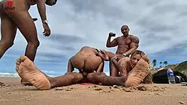 nudist beach orgy ends with teen blowjob threesome outdoor.