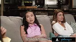 Busty milf Queenie Sateen boldly helps petite babes Kimmy Kimm and Adria Rae spice up sex