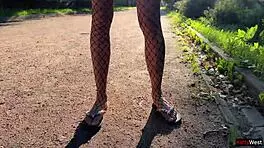 Public solo upskirt flashing ass plug in fishnet