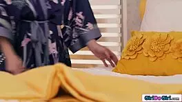 Busty asian pussy licked and strapon fucked by gf on tape