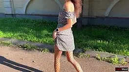 Public solo upskirt flashing ass plug in fishnet