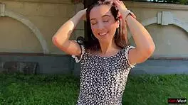 Public solo upskirt flashing ass plug in fishnet