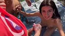 Three Young Friends Fuck Cute Brunette Stranger in Public Park