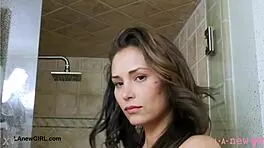 elegant tall brunette took a shower