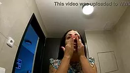 tattooed sexy tight shaved pussy petite alia in the bathroom takes off her panties to show her pussy and bare ass