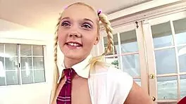 mindy belle pigtails blonde cutie 19 yo huge cock pov blowjob and huge load cum swallow - wow a
