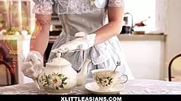 dolled up in a cute dress asian teen kimmy kim plays tea time with david lee and gets fucked from behind with clothes on