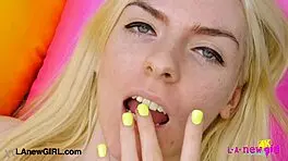 Glistening blonde beauty shows her sexy body