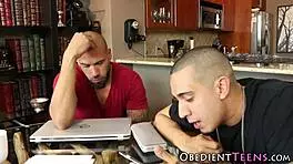 Teen dominated by two huge cocks