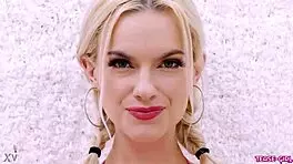 radiant blonde girl casually shows off her sexy body in a photoshoot