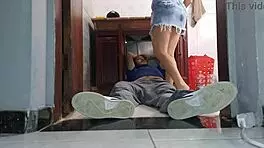 Wow, the cuckold wife gets the plumber neighbor in her skirt without panties