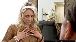 Sexy Blonde Teen 18+ Trained To Be A Topless Waitress By Kinky Old Man