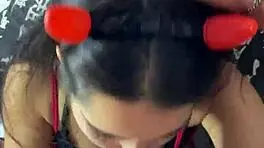 i love my submissive brunette stroking my big cock before sucking.