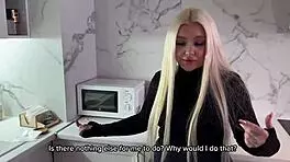 Sexy blonde in black stockings loves fucking with amateur russian couple