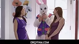 Horny STEPSON tricks STEPMOM and STEPSISTER with bunny costume