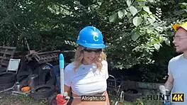 Sexy fantasy fucks old hunter for salary in public