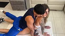 Is this muscular gym trainer ready to pound the petite Colombian's tight pussy in the classroom?