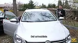 Shaved pussy penetrated hard in front of boyfriend.