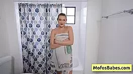 Sexy Blonde Petite Hottie Massages Natural Boobs After Shower and Fingers Pink Bald Pussy!