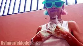 Very hairy latina babe flashing wet pussy at carwash 😏