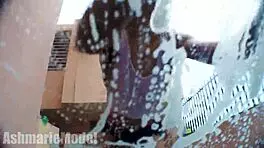 Very hairy latina babe flashing wet pussy at carwash 😏