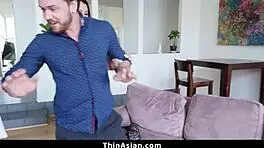 Asian teen whips out girthy dick and pleasures it