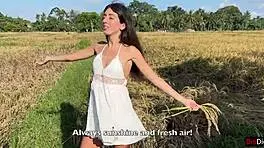 Cute rice picker gets paid with rough sex for her outdoor work.