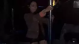 Petite skinny teen sits and twerks on big cock in swingers club booth suggestively